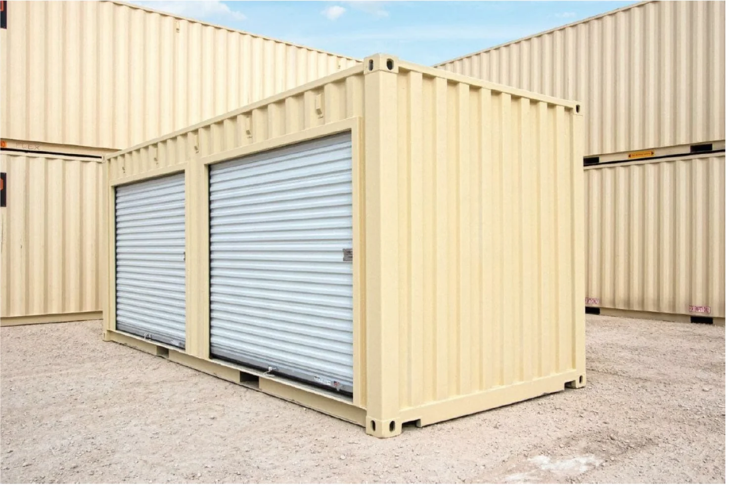Beige storage shipping container outdoors under a blue sky