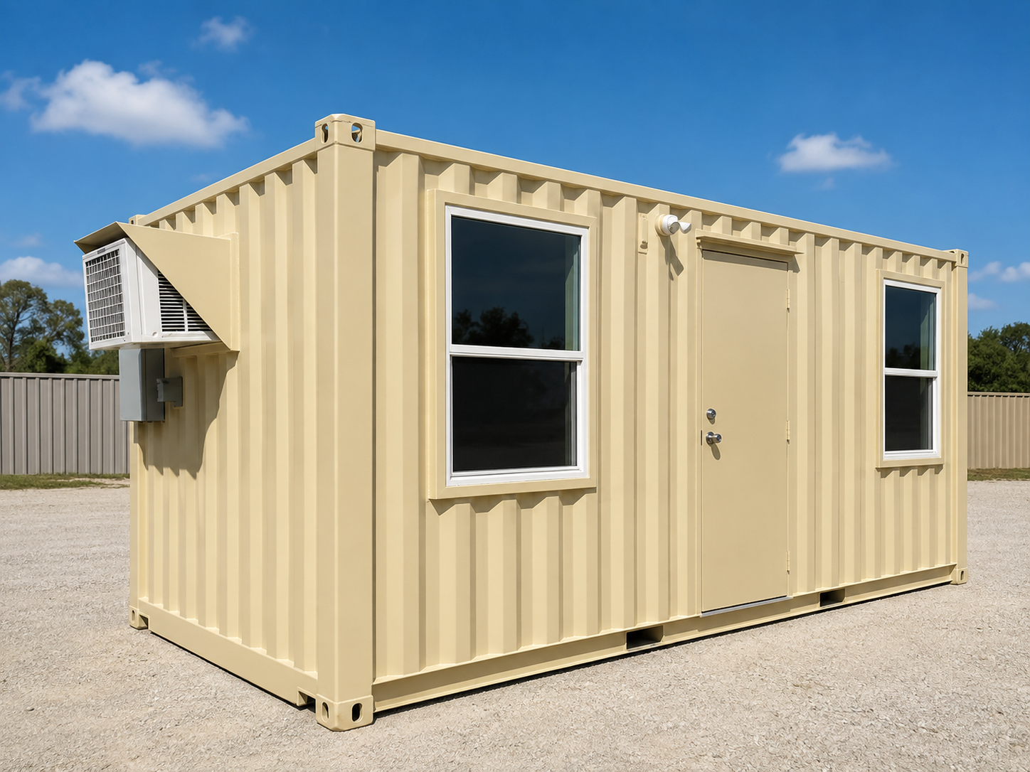 Modified shipping container with wide glass openings lit warmly at night