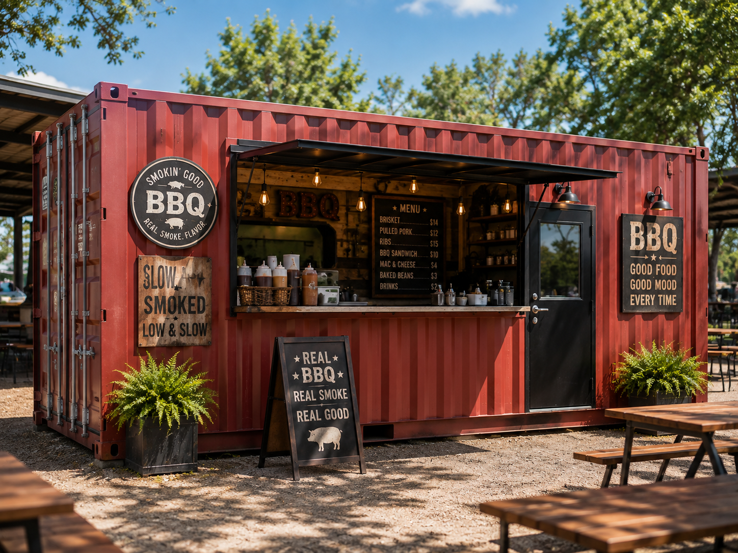 Modified shipping container with wide glazed openings used as a commercial space