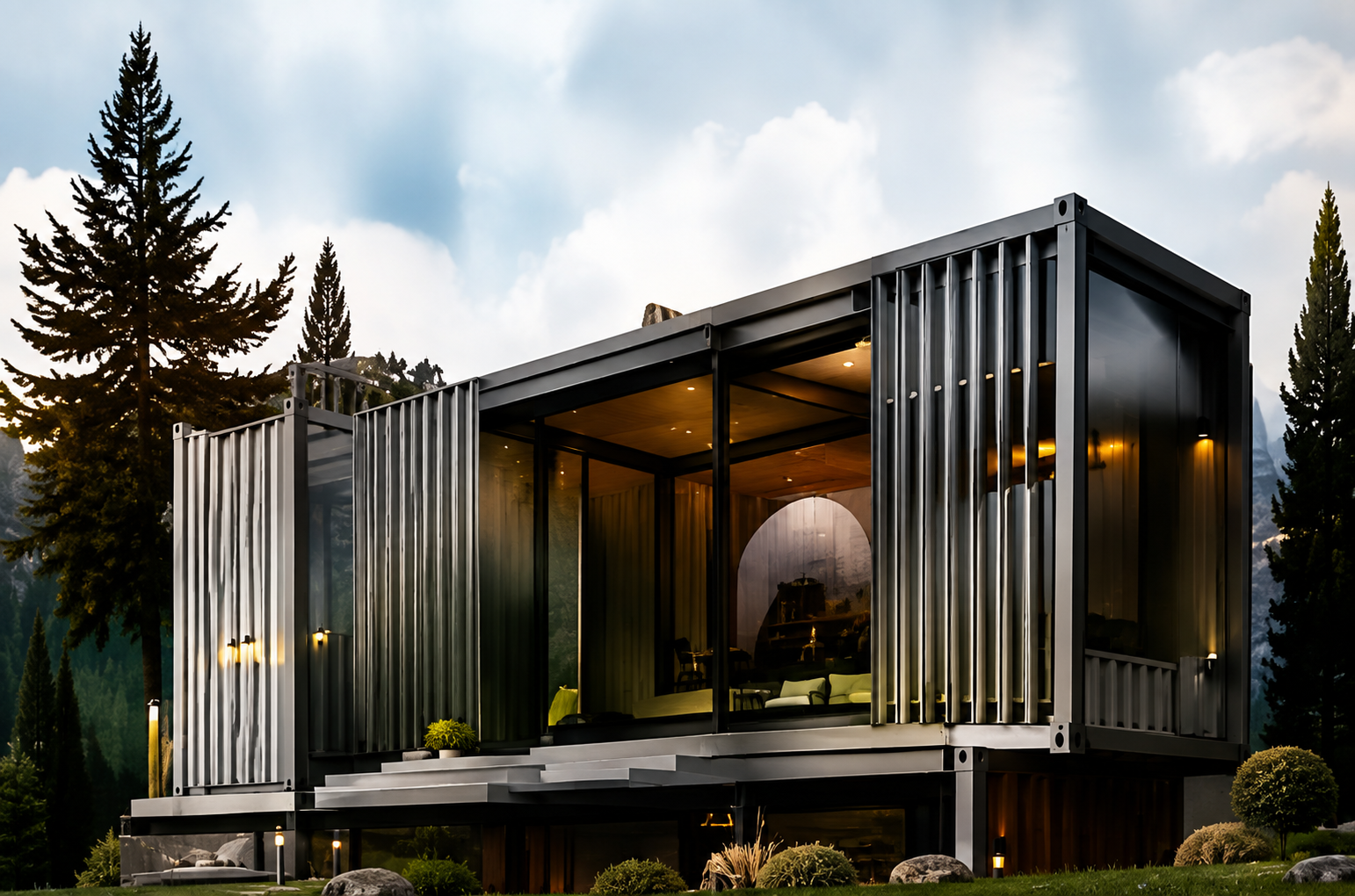 Modern container home with glass walls in a mountain landscape at dusk