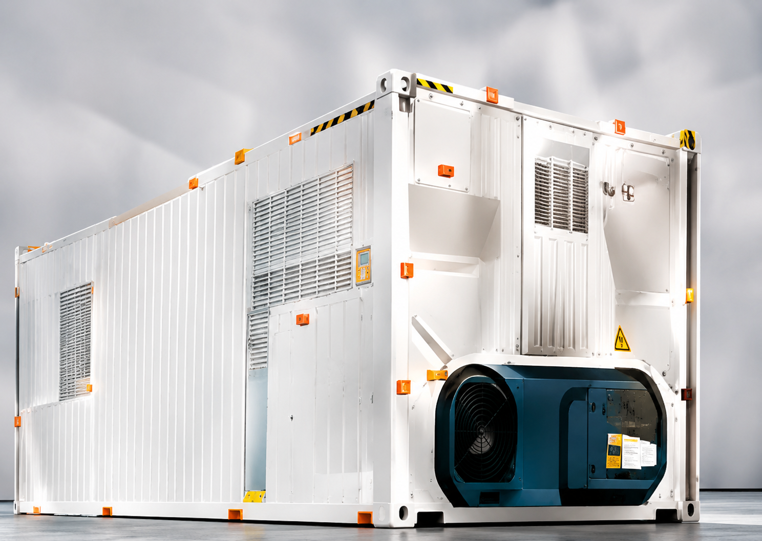 White refrigerated reefer container with cooling unit
