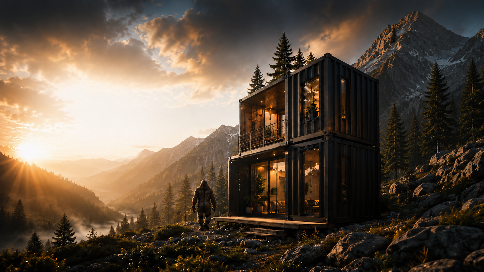 Two-story shipping container home lit at sunset in a mountain forest, with Bigfoot standing on the rocks beside it