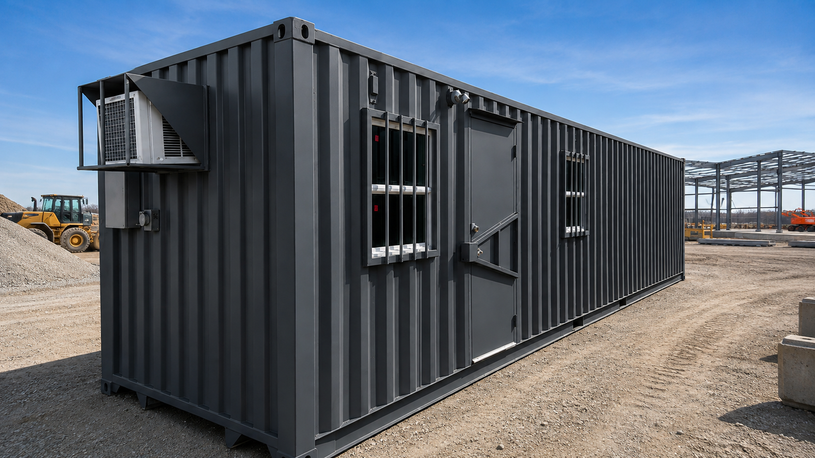 Dark grey shipping container office on a construction site with barred windows and a wall air-conditioning unit