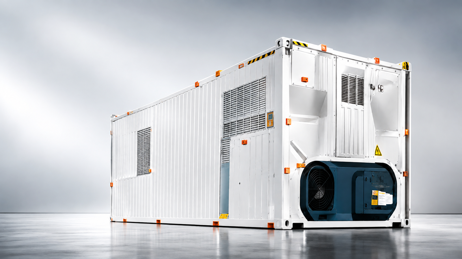 White refrigerated reefer container with its blue cooling unit and ventilation grilles