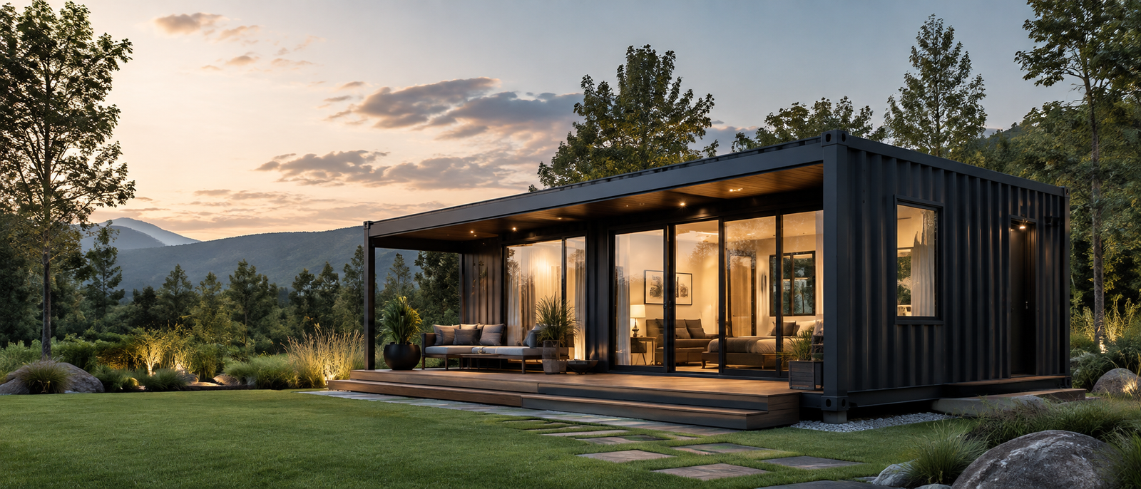 Modern container home with glass walls in a mountain landscape at dusk