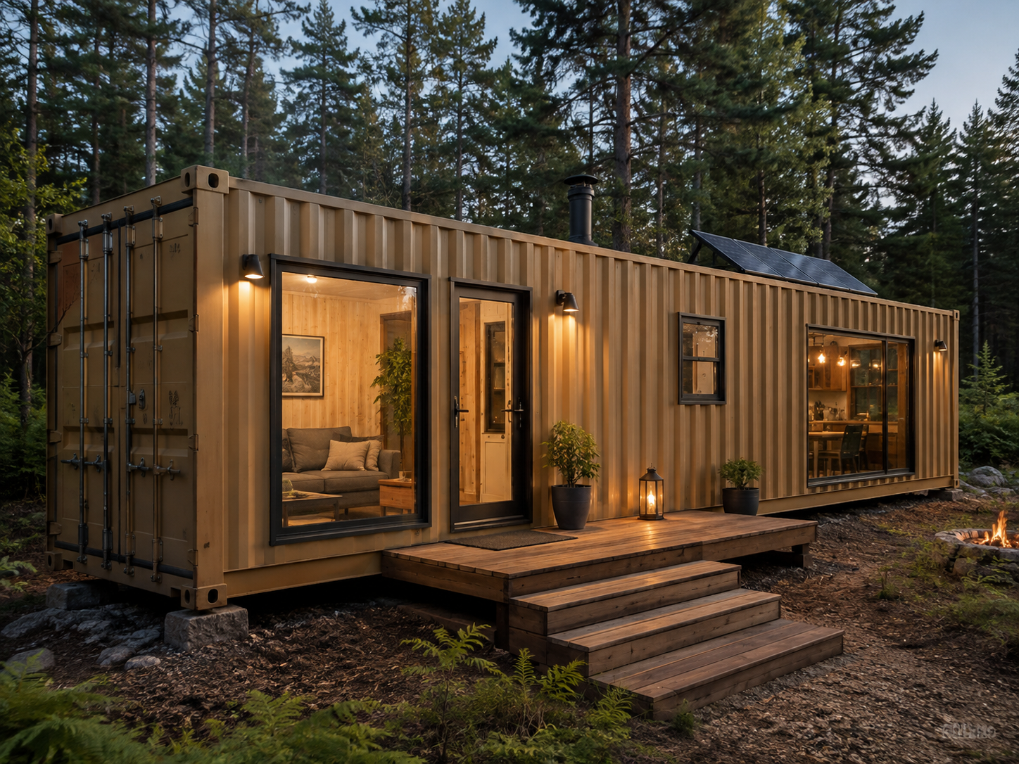 Container cabin with glazed openings set in a mountain landscape