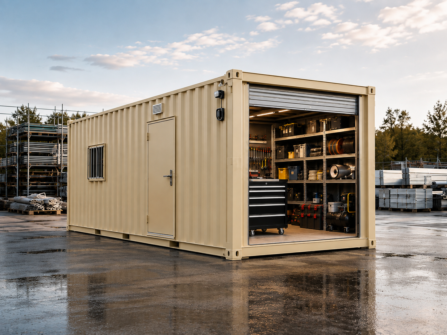 Beige storage shipping container outdoors under a blue sky